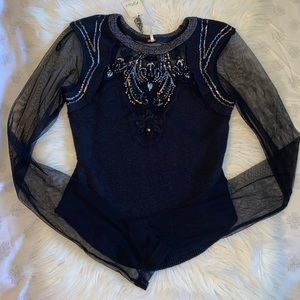 NWT Free People Black Mesh Sequin Long Sleeve Top Small Double Take Embellished